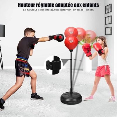 HOMCOM Punching ball sur pied réglable en hauteur 126-144 cm avec gants,  pompe et base de lestage rouge pas cher 