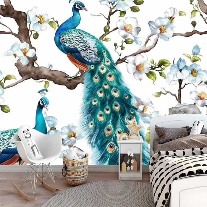 Tenture Murale Plumes De Paon Vertes - 73.7 X 94 Cm, Décoration Boho Chambre Salon - 12