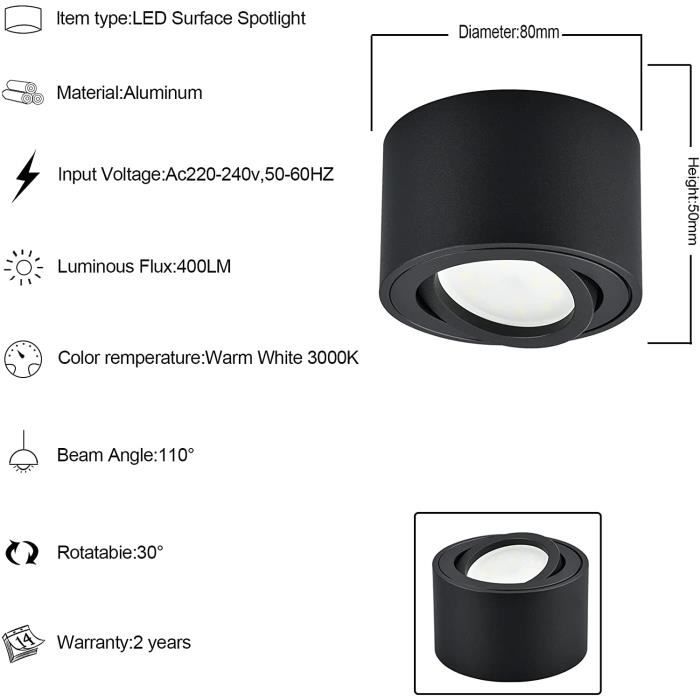 Spot LED en Saillie Orientable Ø80x50mm Plafonnier Luminaire Apparent  incluse 5W Remplaçable LED Module 3000K Blanc Chaud 400L[580] - Cdiscount  Maison