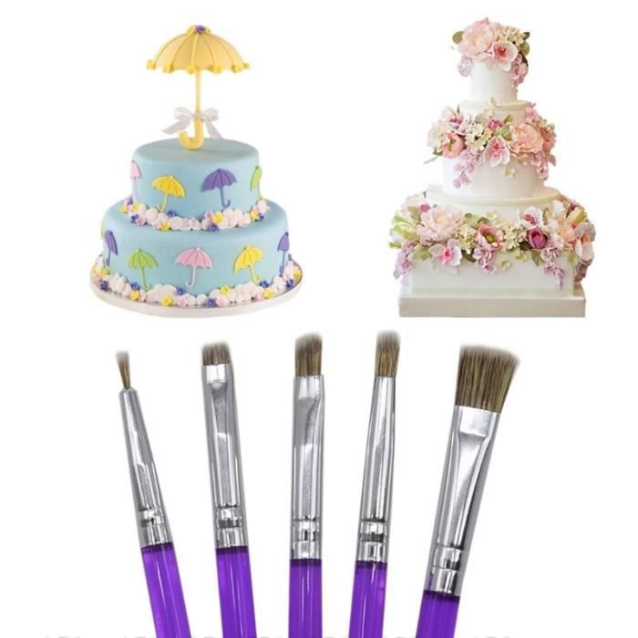 Ensemble De 5 Pinceaux Pour Décoration Gâteaux - Nylon Alimentaire, Manche Aluminium, Pour Paillettes, Glaçage