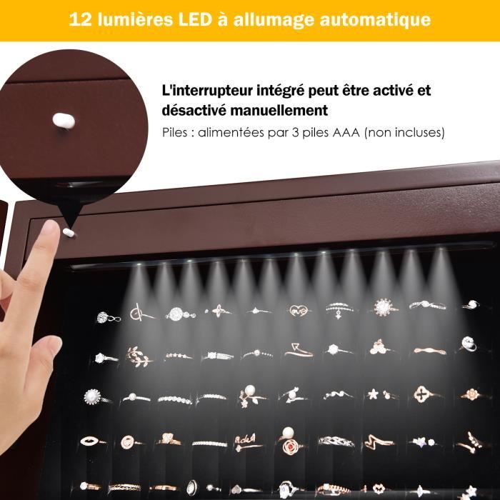 COSTWAY Armoire à Bijoux Sur Pied – Miroir Plein Longueur – 12 LED – Velours Intérieur – Angle Réglable – 36 X 33,5 X 154 Cm (Noir)