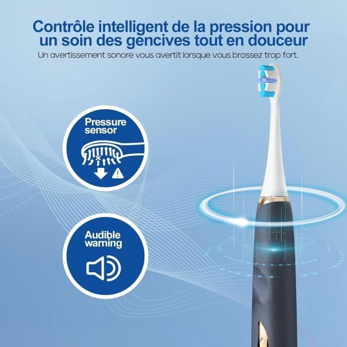 Wagner & Stern Brosse à dents blanchissante à ultrasons avec capteur de pression, 5 modes de brossage et contrôle de l'intensité, 8 têtes de brosse souples