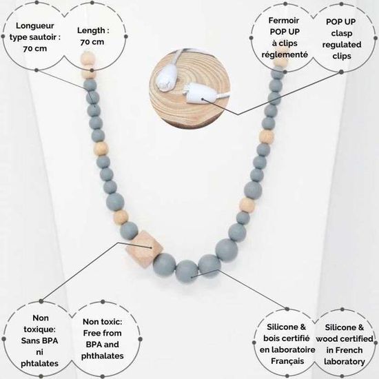 Collier D Allaitement Bijou Silicone De Dentition Gris Et Bois Sans Bpa Ni Phtalates Certifie En Laboratoire Francais Cdiscount Puericulture Eveil Bebe