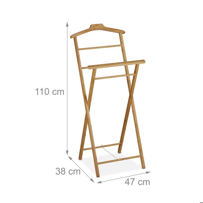 Relaxdays Valet de chambre avec étagère en bambou et acier inoxydable - H x l x P : 133 x 40 x 42 cm - Chaise - Porte-serviettes - Naturel/argenté