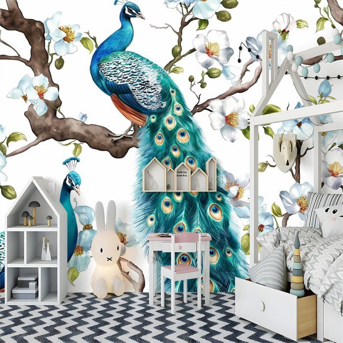 Papier Peint 3D Déco Murale Femme Paon - Motif Photo Amovible - Réf. ZHU1179
