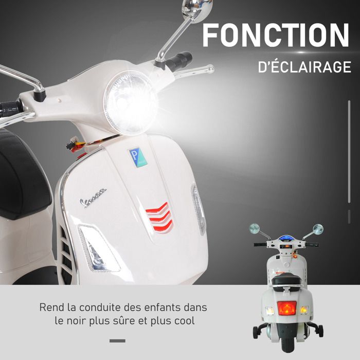 Moto électrique Enfant VESPA – Version Officielle – 3 Km/h – Pour 18-36 Mois – Blanc Avec Lumières Et Son