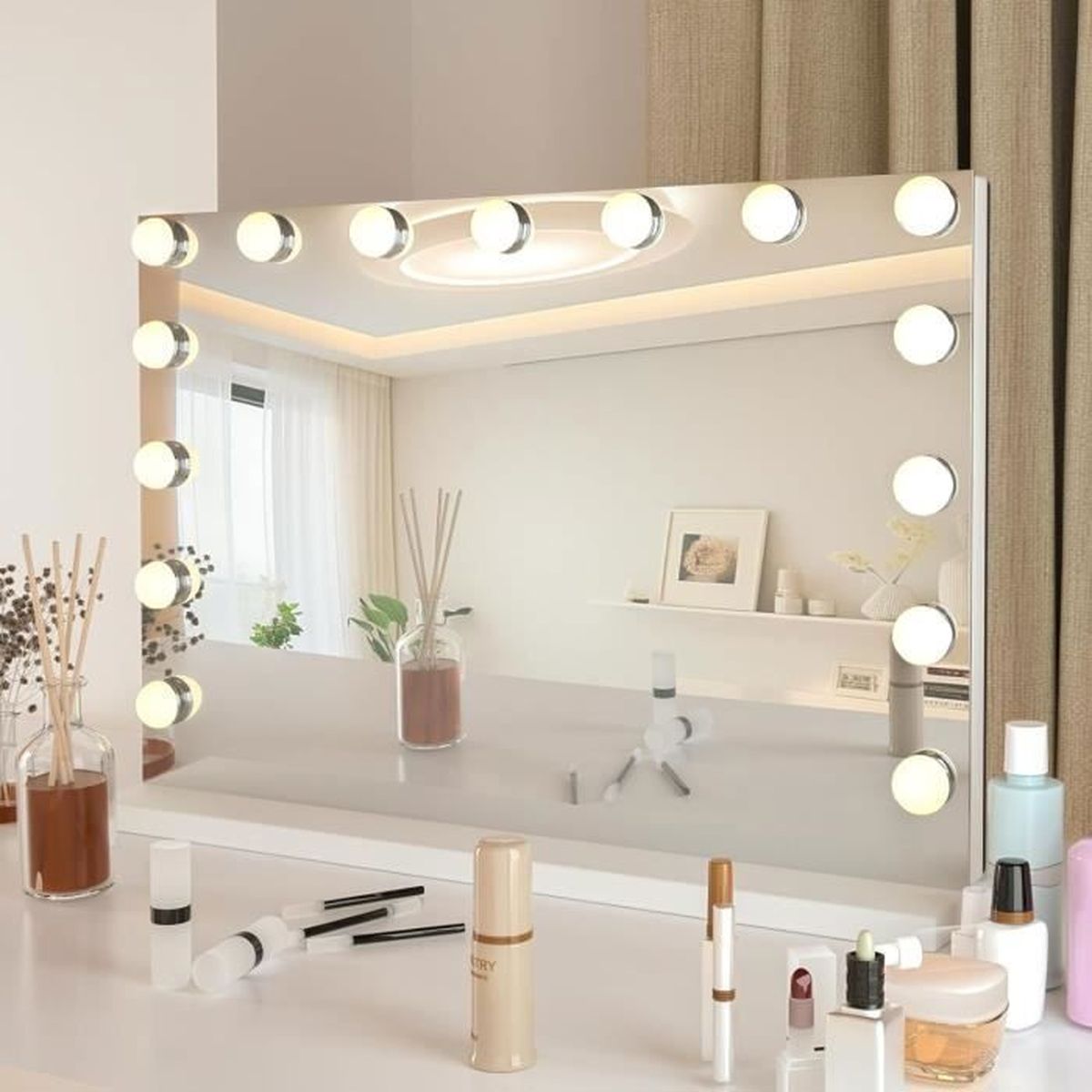 Dripex Miroir Coiffeuse Lumineux 14 Ampoules LED 3 Modes 50 x 42 cm - Blanc  - Cdiscount Maison