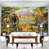 Papier peint intissé 3D Prairies et animaux africains Tableaux Muraux Tapisserie Photo Salon Chambre TV Mur Murale 300x210 cm
