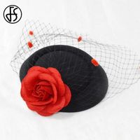Casquette,chapeaux de mariage pour femmes,rouge,élégant,noir,fascinateur avec voile,fleurs - Type black red - M (53-59cm)
