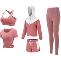 5 Pieces Femme Survêtement de Fitness Yoga Ensemble Tenue de Sport Jogging Gym Pilates Sportwear Zumba Tennis Vêtements Rose
