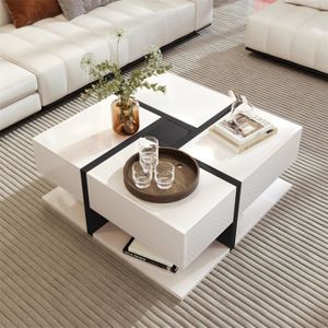 TABLE BASSE Table basse carrée haute brillance, avec 4 tiroirs, couleur et design  uniques, espace de rangement en bas, 78x78x36cm blanc