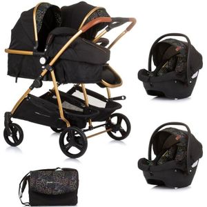 POUSSETTE  DUO SMART Poussette jumeaux ou enfants rapprochés largeur 79 cm Noir - Feuilles + 2 cosy noir-feuilles