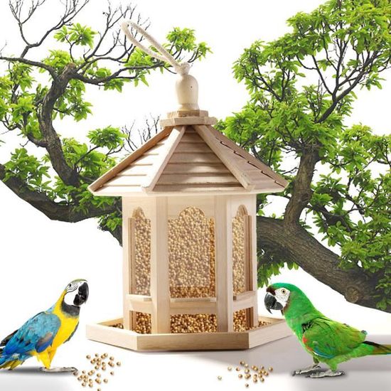 Mangeoire à oiseaux en bois suspendue pour hexagone de décoration de jardin en forme de toit hf013