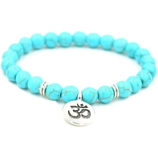 Bracelet Extensible En Pierres Naturelles – Turquoise Rouge Et Noir – Acier Inox