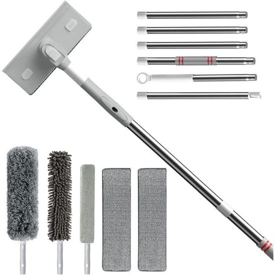 Kit Nettoyeur De Vitres Télescopique 3 En 1 (jusqu'à 3 M) - Raclette Silicone + Chiffons Microfibre - Pour Fenêtres, Voiture, Miroirs