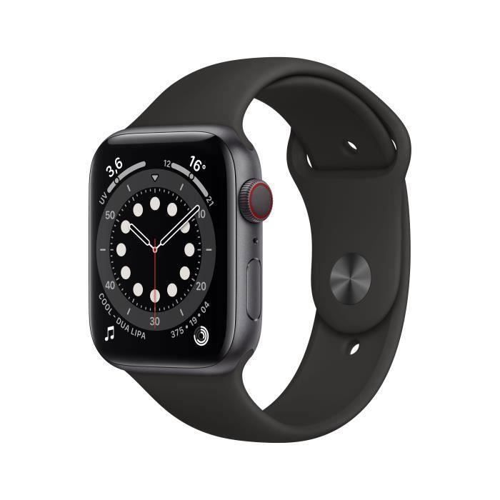 Apple Watch Series 6 GPS + Cellular, 44mm Boîtier en Aluminium Gris Sidéral avec Bracelet Sport Noir
