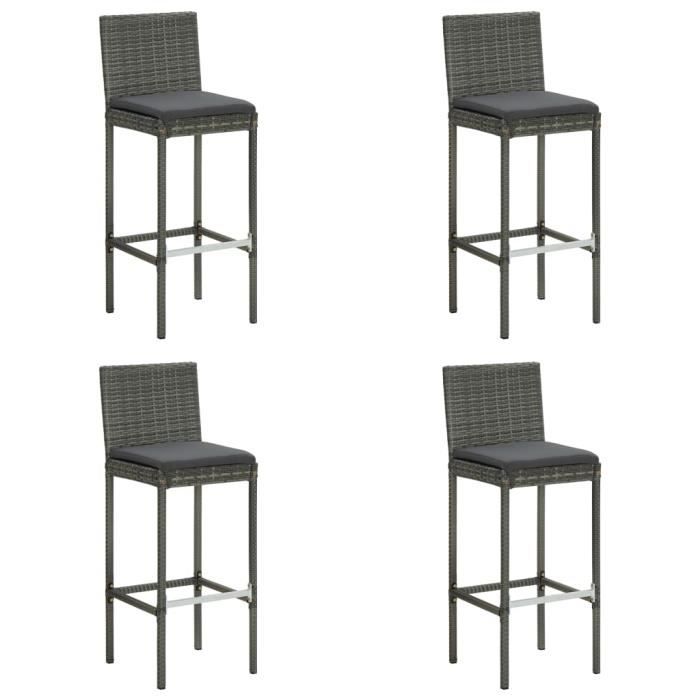 PAL Tabourets de bar de jardin et coussins 4pcs Gris Résine tressée☻1