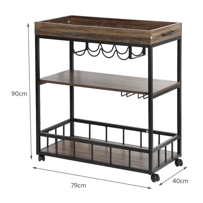 BUL Haute Qualité Chariot rétro MDF + Métal, 3 étages billot de cuisine avec roues - rétro industriel - MDF + Métal