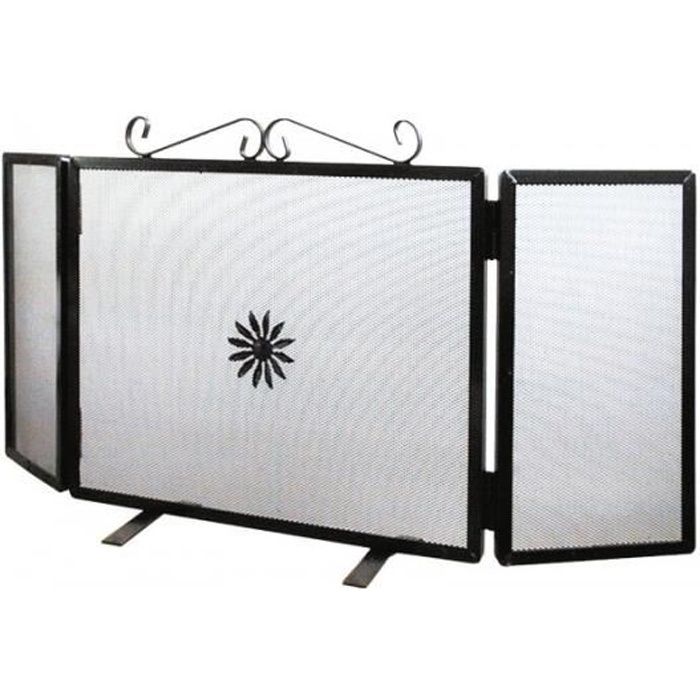 Écran pare-étincelles en fer pour cheminée / Pare feu de cheminée fer forgé avec panneaux latéral - Flower 90x40 cm