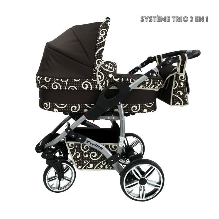 Brun et Motif TWING Trio Poussette - Landau 3en1 Combinée avec siège auto, ROUES PIVOTANTES