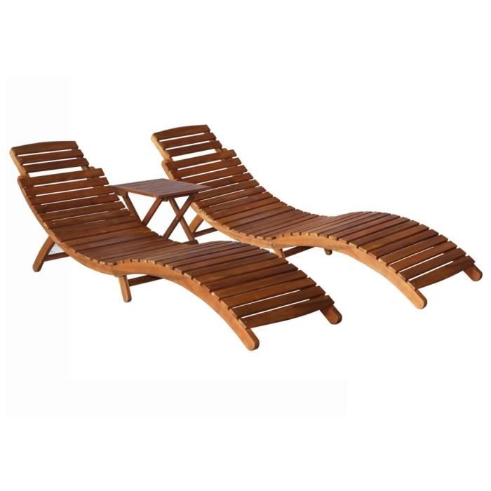 ❤Moderne Lot de 2 Chaises longues avec table Mode -Bain de soleil Bois d'acacia massif ��42451