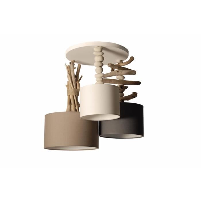 Suspension luminaire 3 mâts pour pavillon en bois flotté et galets - Fabriquée à la main en France