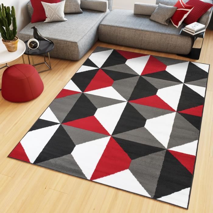 TAPISO Maya Tapis Salon Chambre Ado Moderne Trapèze Rouge Gris Blanc Fin 140 x 200 cm