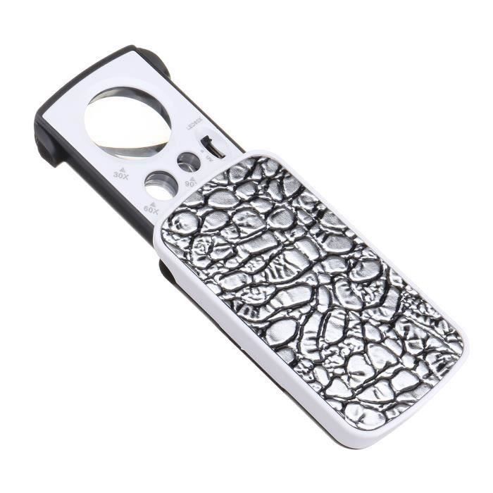 30-60-90X Loupe de Verre LED UV Loupe Bijoux Poche à Loupe + Boîte d'Emballage ARGENT Fe17477