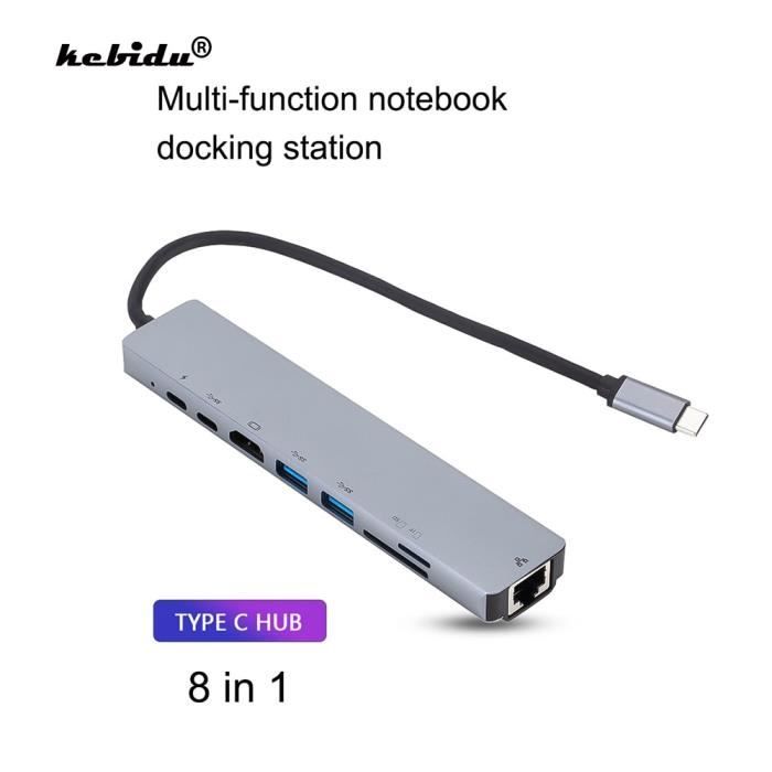 Stations d'accueil,8in1 USB 3.0 Ports haute vitesse type c Hub Usb C à 4K 30HZ HDMI HD ordinateur portable Rj45 Ethernet réseau PD