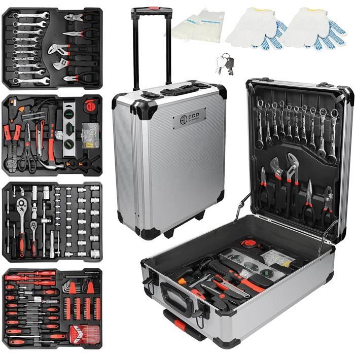 Boite à Outils 949 piéces Aluminium Argent Outils en Acier Chrome Vanadium Rangement 4 Niveaux Roulettes Poignée Télescopique M 202