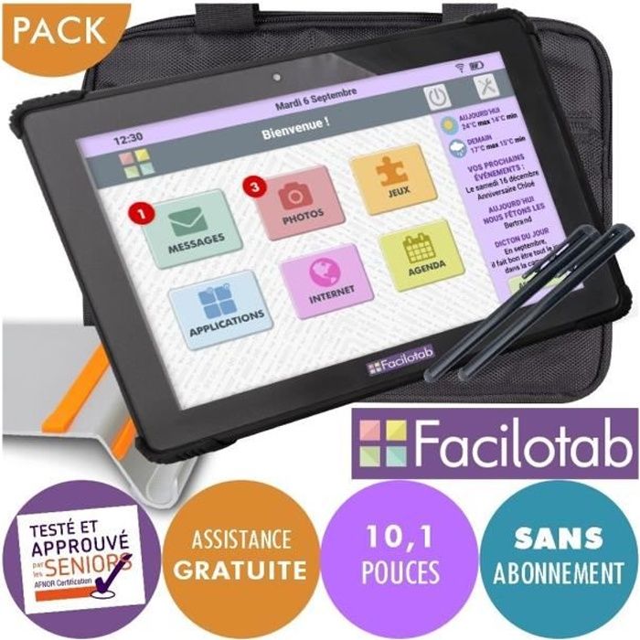Pack Facilotab L Onyx - WiFi/4G - 32 Go - Android 10 - Support, Sacoche et 2 Stylets - Tablette simplifiée pour Seniors 10,1 Noire