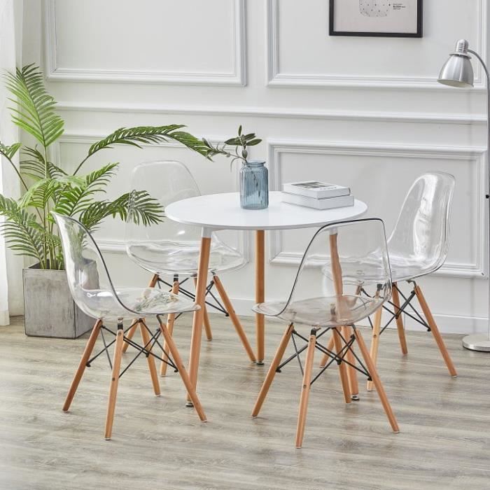 H.J WEDOO Ensemble table ronde à Manger de 2 à 4 personnes Cuisine en hêtre Pieds en Bois+Lot de 4 Chaises transparente Scandinave