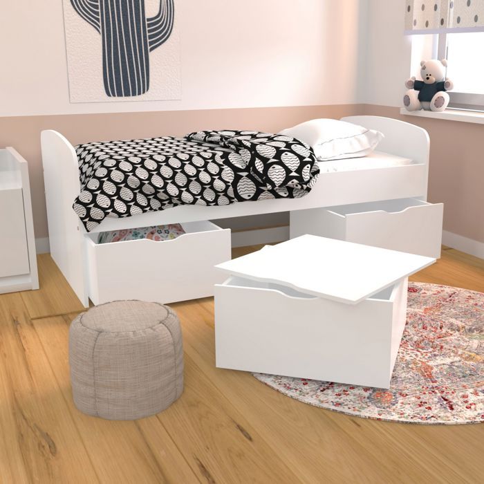 Lit MIA 90x190 + 1 sommier + 2 tiroirs + 1 coffre table basse / Blanc