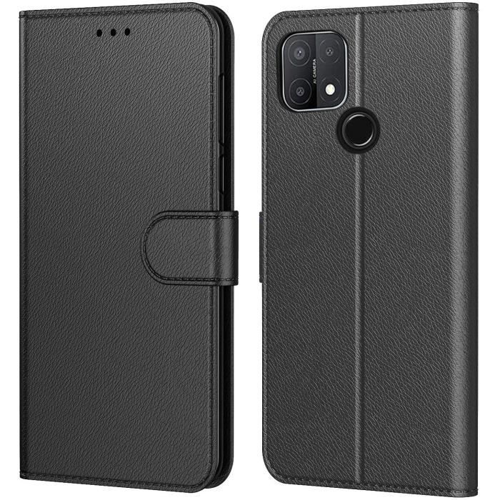 Coque Oppo A15 Simili Cuir Rabat Noir Porte Carte