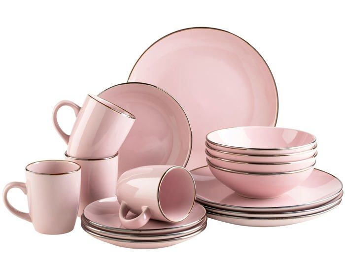 Service de table - MASER - Metallic Rim - 16 pièces - Grès - Rose