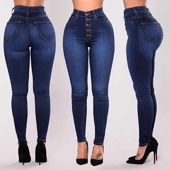 Pantalon en denim taille haute pour femme jean slim extensible bleu confortable a la mode lightblue B Blanc Cdiscount Pret a Porter