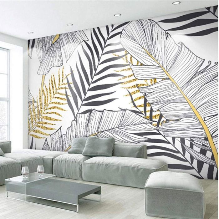Papier Peint 3D Soie Feuilles D\Or Noir Et Blanc Nordique Simple Papier ...