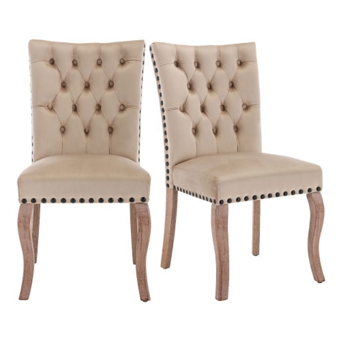 Chaise De Salle À Manger (2 Pcs) Avec Garniture En Tête De Clou Pieds En Bois Massif Chaise De Salon Housse En Velours Camel