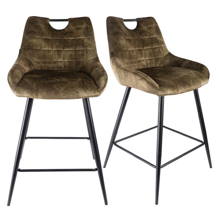 Lot 2 tabourets bar en velours vert kaki avec pied métal noir - BRANDY Meubletmoi Lot 2 tabourets bar en velours vert kaki avec pied métal noir - BRANDY Meubletmoi