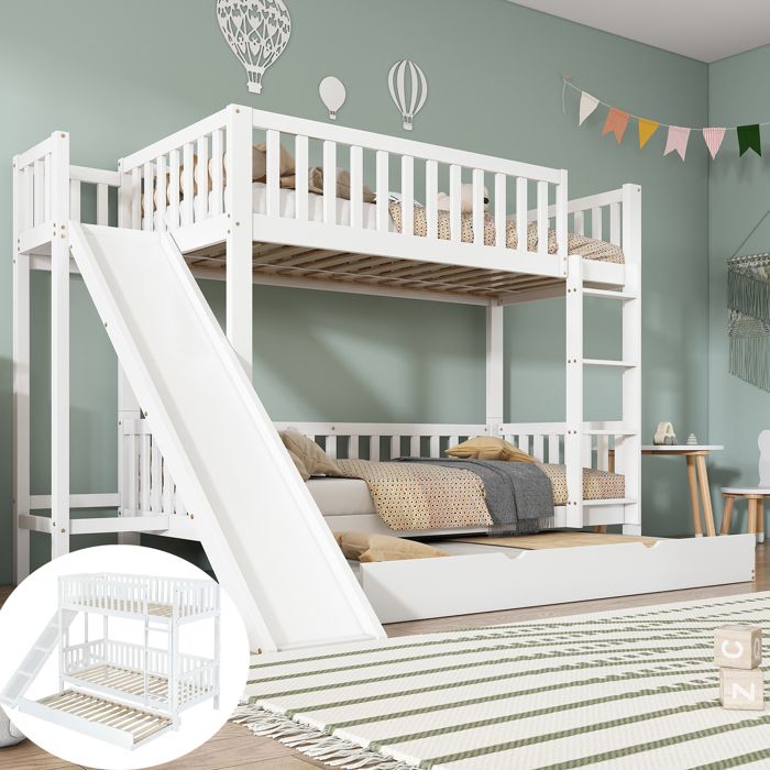Lit Superposé Enfant 3 Places - Garde-corps 45cm & Toboggan Amovible - Avec Lit Gigogne 90x190 - Blanc - Certifié EN747