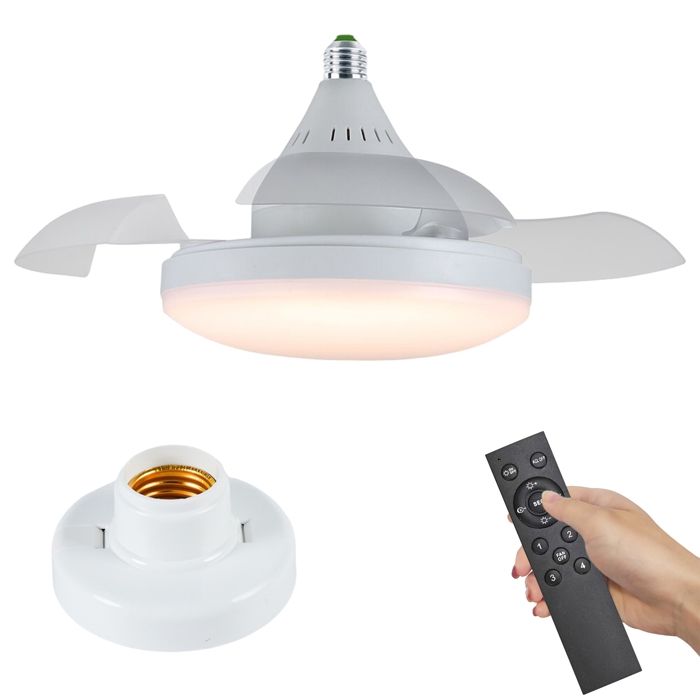 Ventilateur plafond avec lumière E27 silencieux 30W 3 pales invisibles télécommande 4 vitesses LED 2400lm pour chambre et salon - Prumya