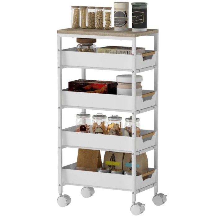 Desserte de cuisine 5 niveaux mobile en métal blanc - 4 tiroirs - Aspect bois - Rangement pratique Desserte de cuisine 5 niveaux mobile en métal blanc - 4 tiroirs - Aspect bois - Rangement pratique