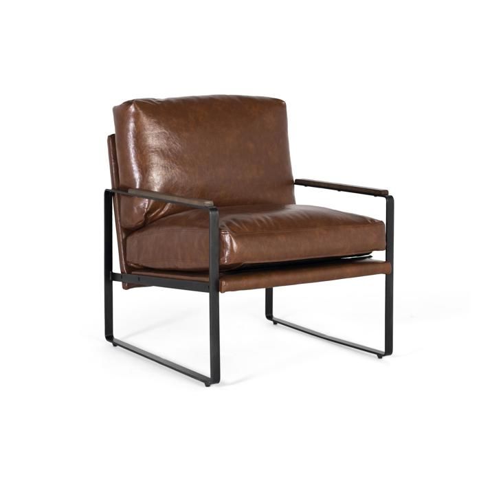 Fauteuil industriel - Giner y Colomer - Fer noir - Simili cuir brun vieilli - 86x70x80 cm