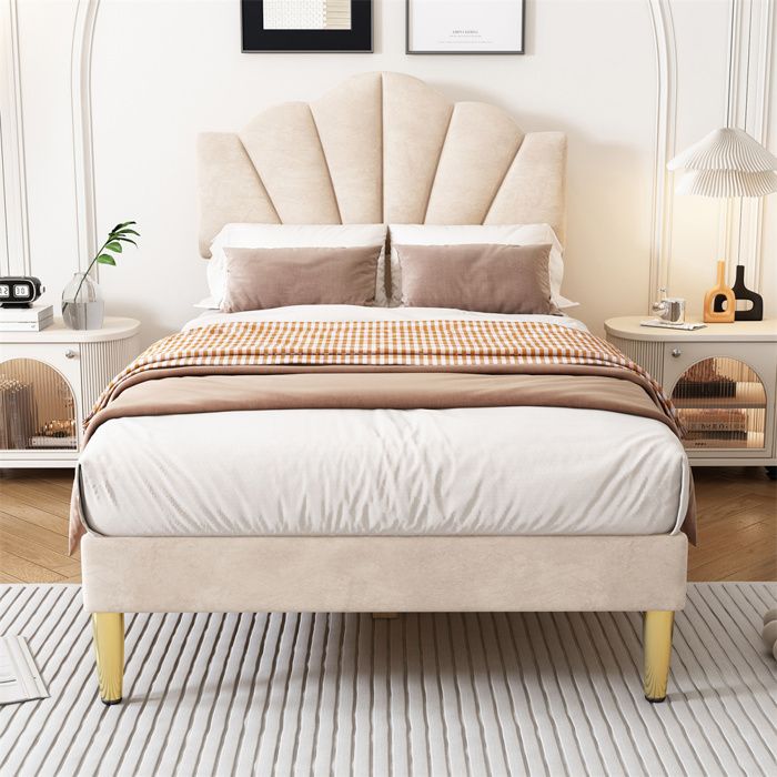 Lit rembourré 90x200 cm beige avec sommier à lattes et tête de lit réglable - velours