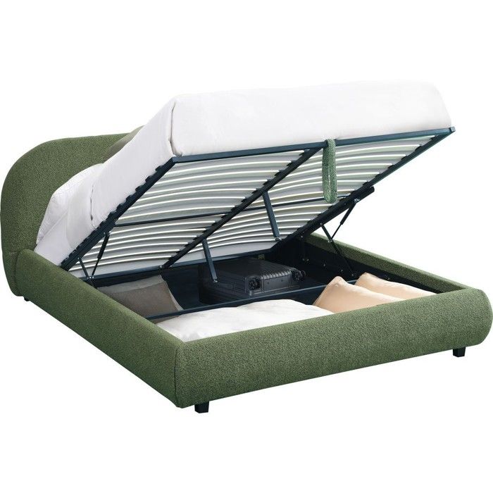 Lit coffre adulte 140x190 cm avec tête de lit matelassée en tissu bouclé vert kaki - Madisson Lit coffre adulte 140x190 cm avec tête de lit matelassée en tissu bouclé vert kaki - Madisson