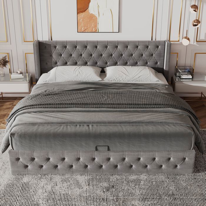 Lit Coffre 140x200 cm en Velours Gris – Tête de Lit Capitonné avec Rivets Lit Double Moderne