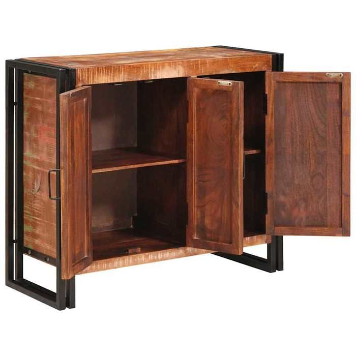 Buffet industriel en bois recyclé - GKO - Marron - Bois massif - Métal - 80x33x70 cm - 3 portes - Style urbain - Robuste