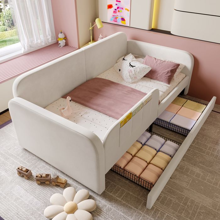 Lit enfant modulable 90x200cm avec 2 tiroirs et 3 poche lit capitonné canapé-lit avec cadre en métal Lit denfant à emboîtement