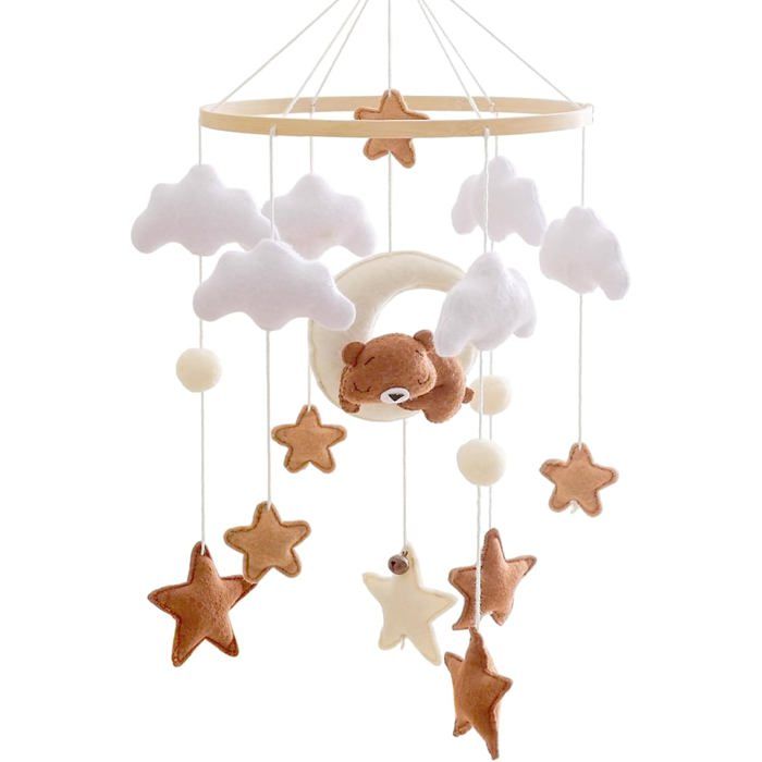Mobile pour Lit Bébé avec Grelot, Nuages Blancs, Lune et Ours Brun