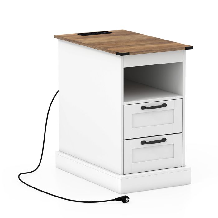 GIANTEX Table de Chevet - Station de Charge- Table dAppoint - Étagère Ouverte- 2 Tiroirs- 60 x 35 5 x 62 cm- Chambre Salon- Blanc GIANTEX Table de Chevet - Station de Charge- Table dAppoint - Étagère Ouverte- 2 Tiroirs- 60 x 35 5 x 62 cm- Chambre Salon- Blanc